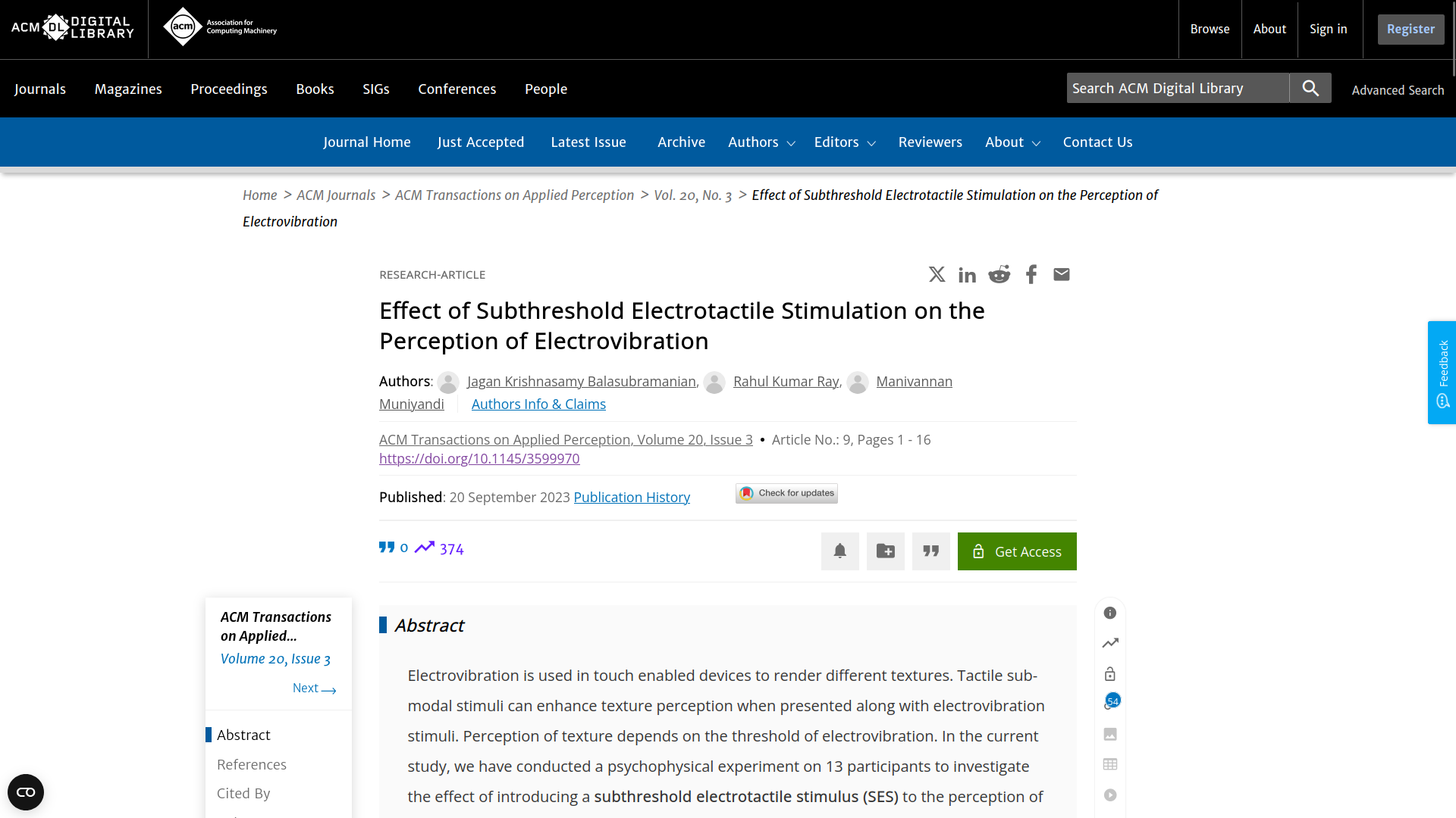 Effect of Subthreshold Electrotactile Stimulation
                      On The Perception of Electrovibration